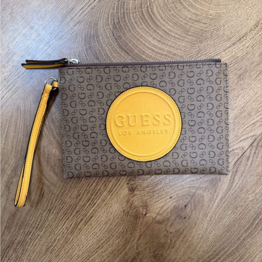 Guess Tan and Yellow Logo Large Wristlet